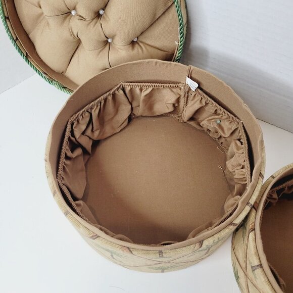 Vintage 2pc Sewing Box Storage Round Palm Trees & Bamboo Storage 7.25" & 5.5" - Picture 3 of 12